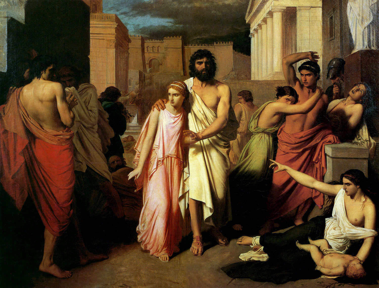 Œdipe aveugle, accompagné d’Antigone, quitte Thèbes frappée par la peste. Dans le mythe, il devient la figure sur laquelle la cité concentre sa souillure et son désordre (Charles Jalabert, Œdipe et Antigone, 1842, musée des Beaux-Arts de Marseille).