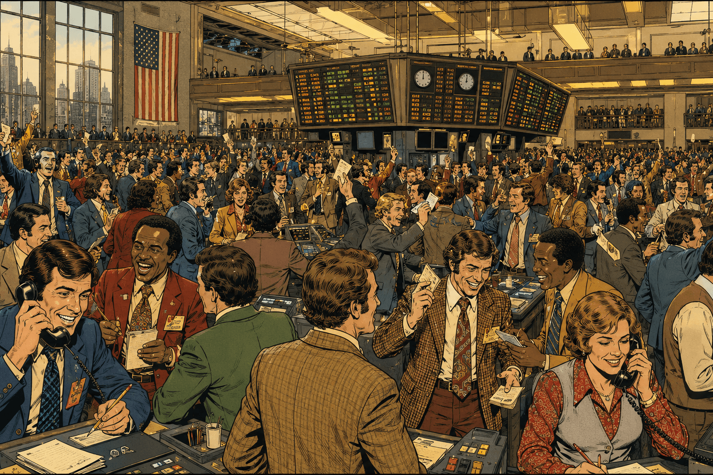 Une salle de marché à Wall Street, New York, dans les années 1970